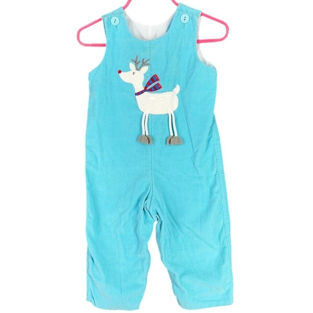 Mulberry‎ St Reindeer Applique Corduroy Jon Jon Romper Overalls Blue 18M Unisex